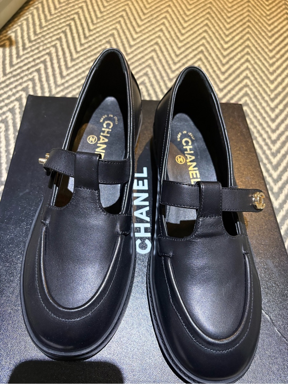 CHANEL Black Leather Mary Jane Loafers with CC Buckle